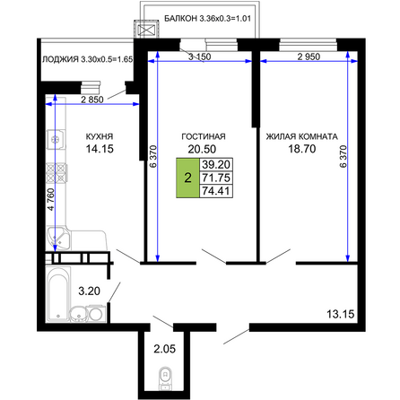 Планировка 2-комн 74,41 м²