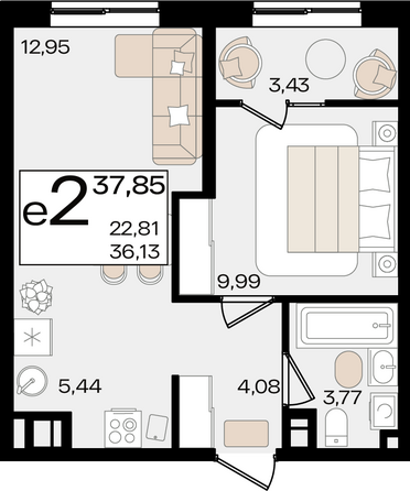 Планировка 2-комн 37,85 м²