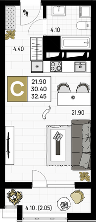 Планировка Доля в квартире 32,45 м²