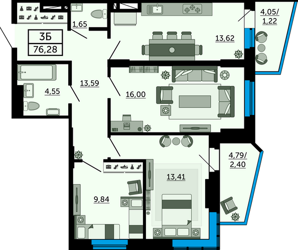 Планировка 3-комн 75,47 - 76,04 м²