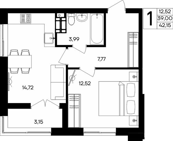 Планировка 1-комн 42,15, 43,07 м²