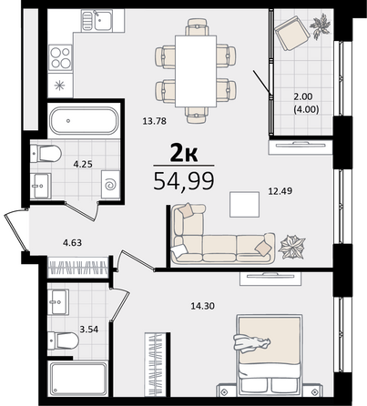 Планировка 2-комн 54,99 м²