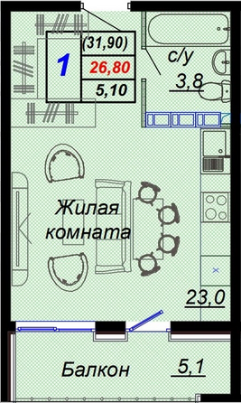 Планировка 1-комн 31,9 м²