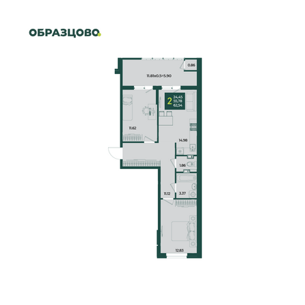 Планировка 2-комн 62,54 м²