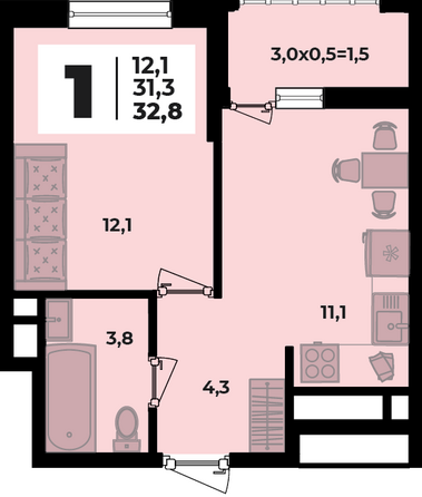 Планировка 1-комн 32,8 м²