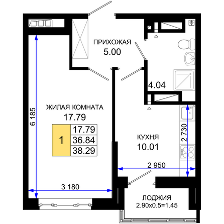 Планировка 1-комн 38,29 м²