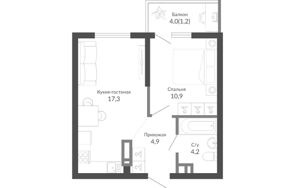 Планировка 1-комн 38,5 м²