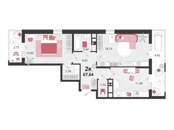 Планировка 2-комн 67,64 м²