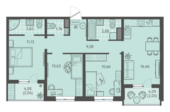 Планировка 3-комн 72,25 - 72,45 м²