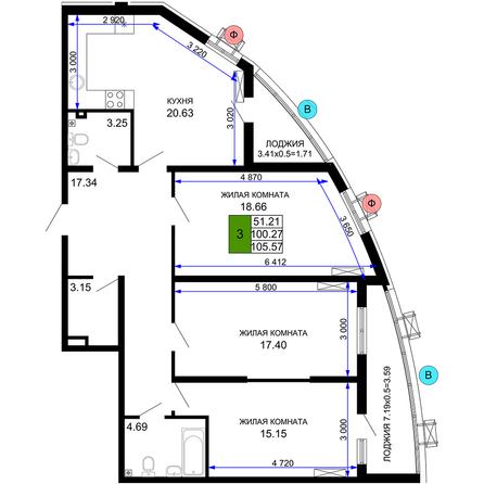 Планировка 3-комн 105,57 м²