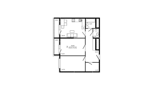 Планировка 2-комн 72,55 м²