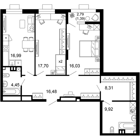 Планировка 2-комн 91,27 м²