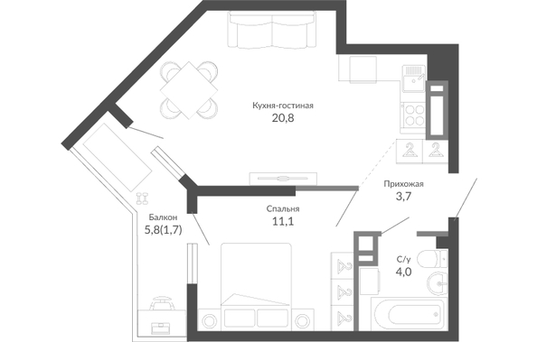 Планировка 1-комн 41,3 м²