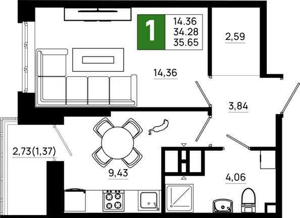 Планировка 1-комн 35,65 м²