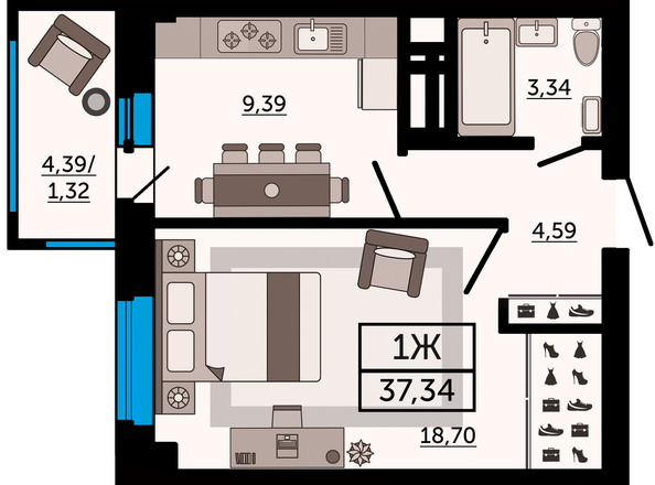 Планировка 1-комн 37,34 м²