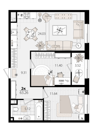 Планировка 2-комн 62,92 м²