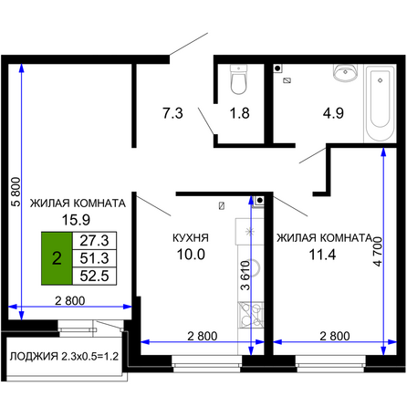 Планировка 2-комн 52,5 м²