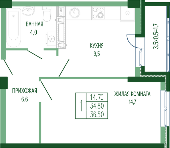 Планировка 1-комн 36,5 м²