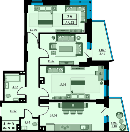 Планировка 3-комн 76,18 - 76,76 м²