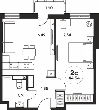 Планировка 2-комн 44,4 - 44,65 м²