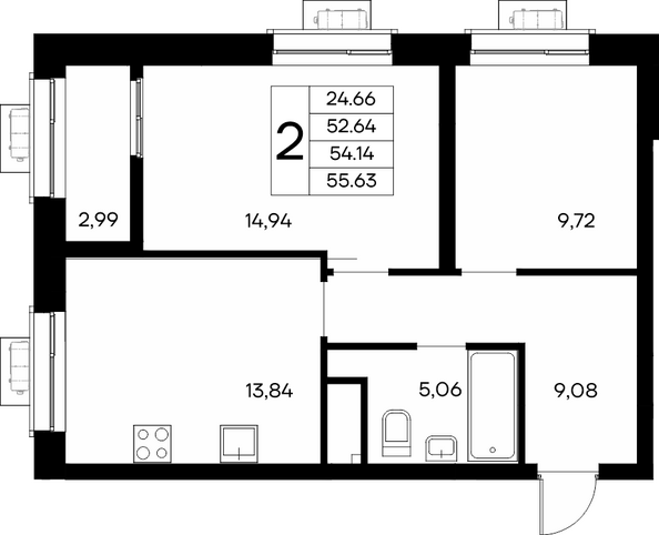 Планировка 2-комн 55,53, 55,63 м²