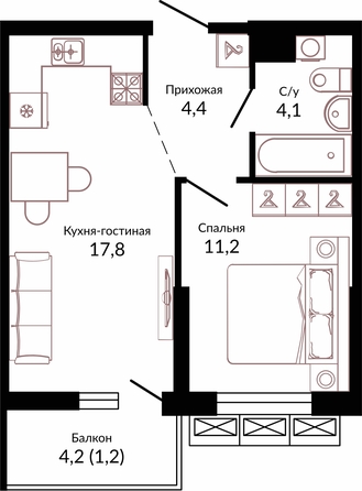 Планировка 1-комн 38,7 м²