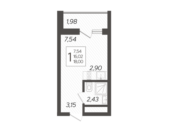 Планировка 1-комн 18 м²