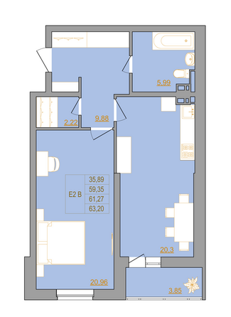 Планировка 2-комн 63 м²