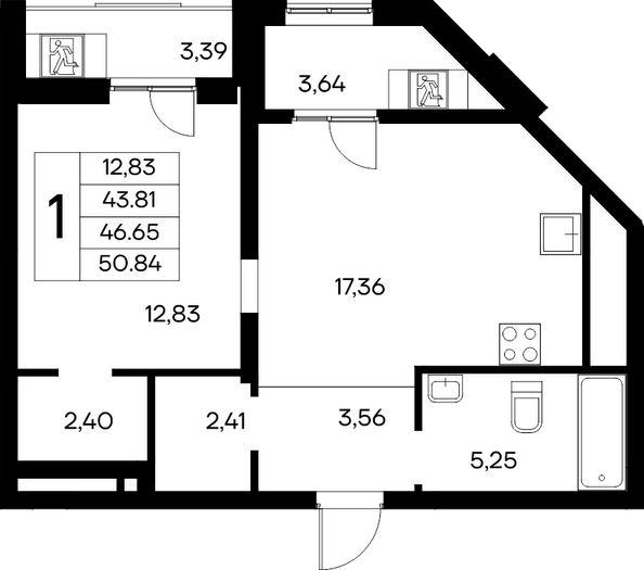 Планировка 1-комн 50,84 - 51,94 м²