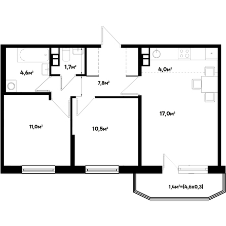 Планировка 3-комн 58 м²