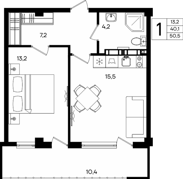 Планировка Апартамент 50,5, 50,8 м²