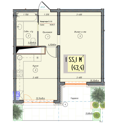 Планировка 1-комн 55,1 м²