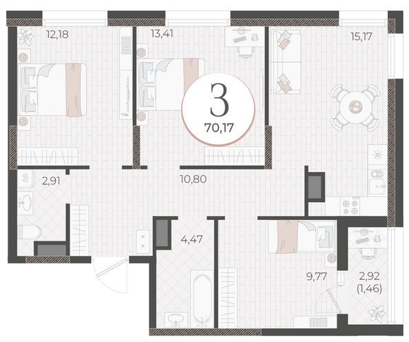 Планировка 3-комн 70,17 м²