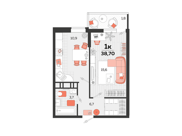 Планировка 1-комн 38,3, 38,7 м²