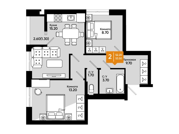Планировка 2-комн 53,5 м²