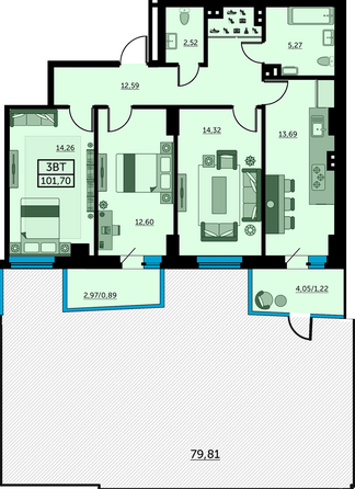 Планировка 3-комн 101,7 м²