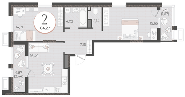 Планировка 2-комн 64,27 м²