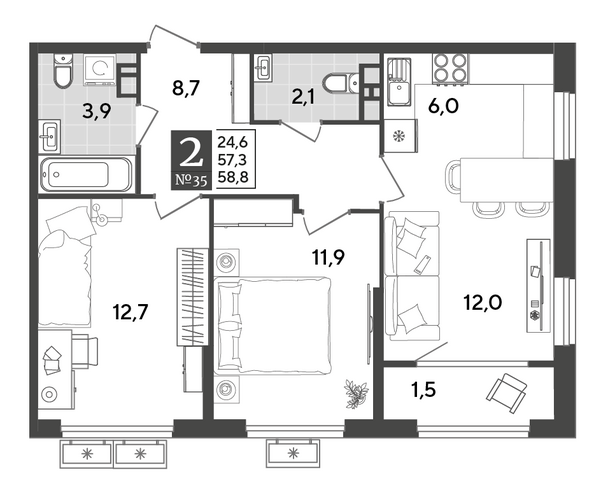 Планировка 2-комн 58,8 м²