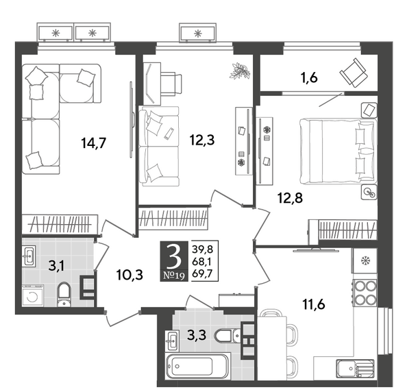 Планировка 3-комн 69,7 м²