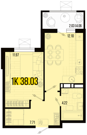 Планировка 1-комн 38,03, 38,39 м²