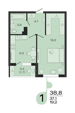 Планировка 1-комн 38,8 м²