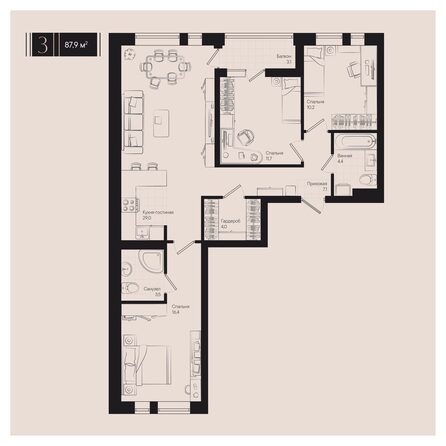 Планировка 3-комн 87,9 м²