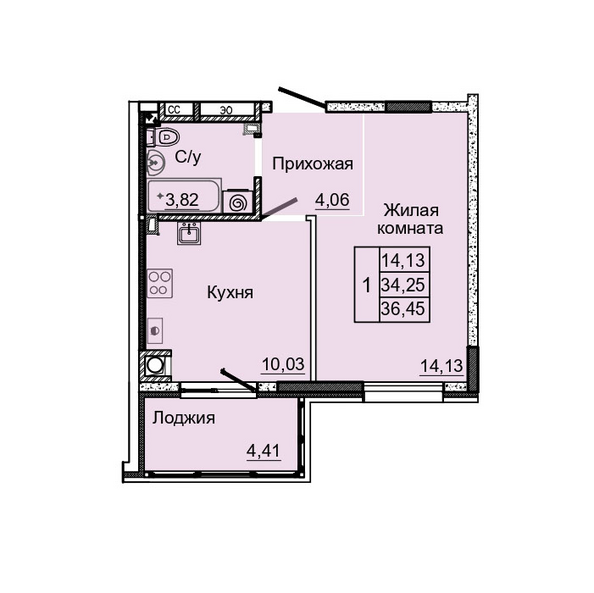Планировка 1-комн 36,45 м²