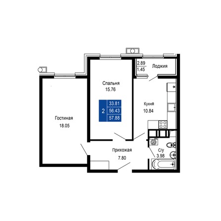 Планировка 2-комн 57,88 м²