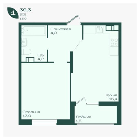 Планировка 1-комн 39,3 м²