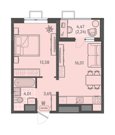 Планировка 1-комн 39,53 м²