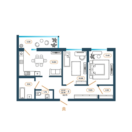 Планировка 2-комн 62,75 м²