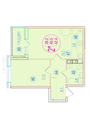 Планировка 2-комн 42,9 м²