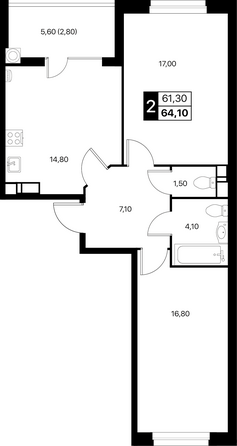 Планировка 2-комн 64,1, 64,3 м²
