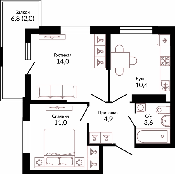 Планировка 2-комн 45,9 м²